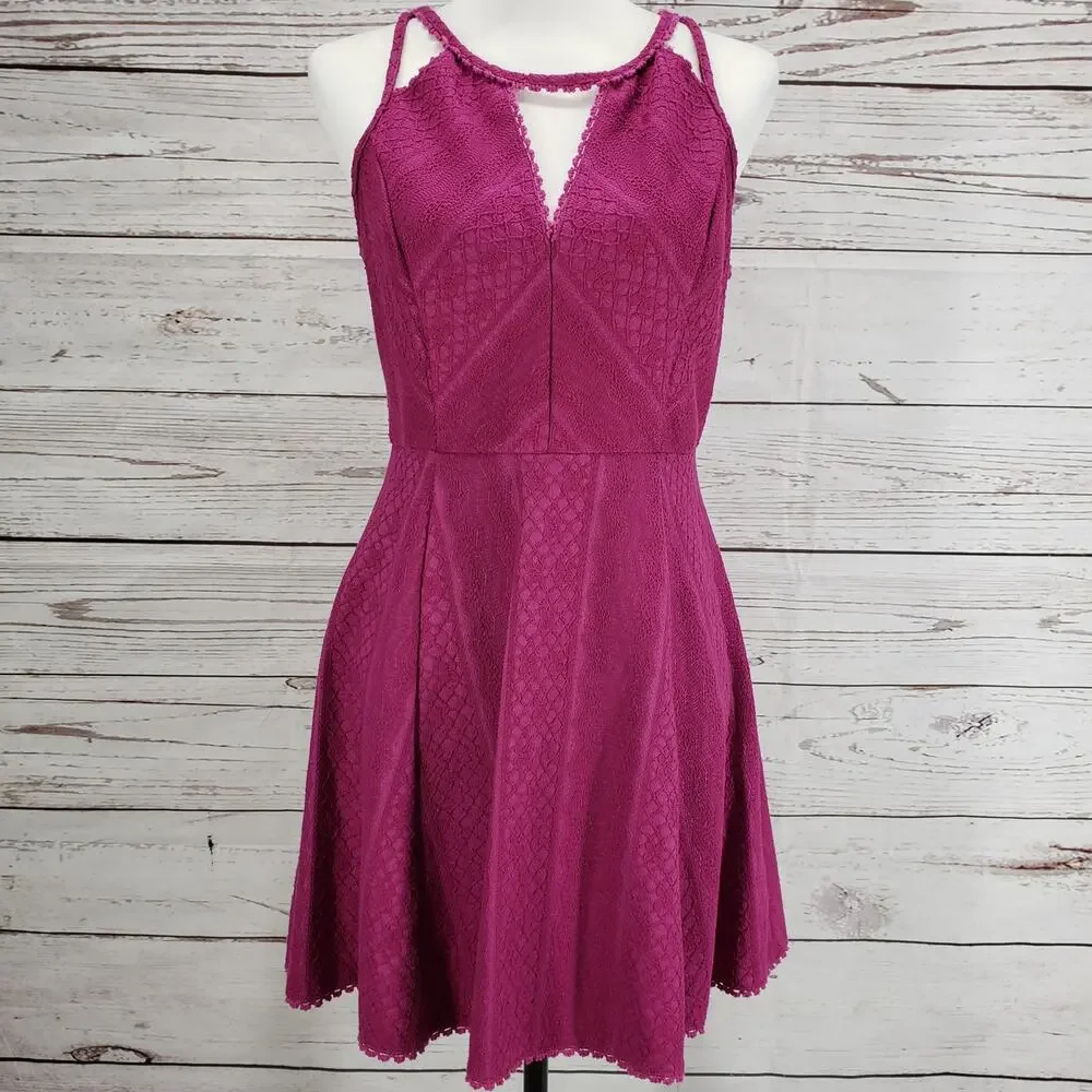 Free People Women's Magenta Lace Keyhole Fit & Flare Dress Size 12